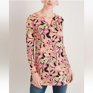 Chicos Womens Size S Colorful Floral 100% Linen Split-Neck Tunic Top